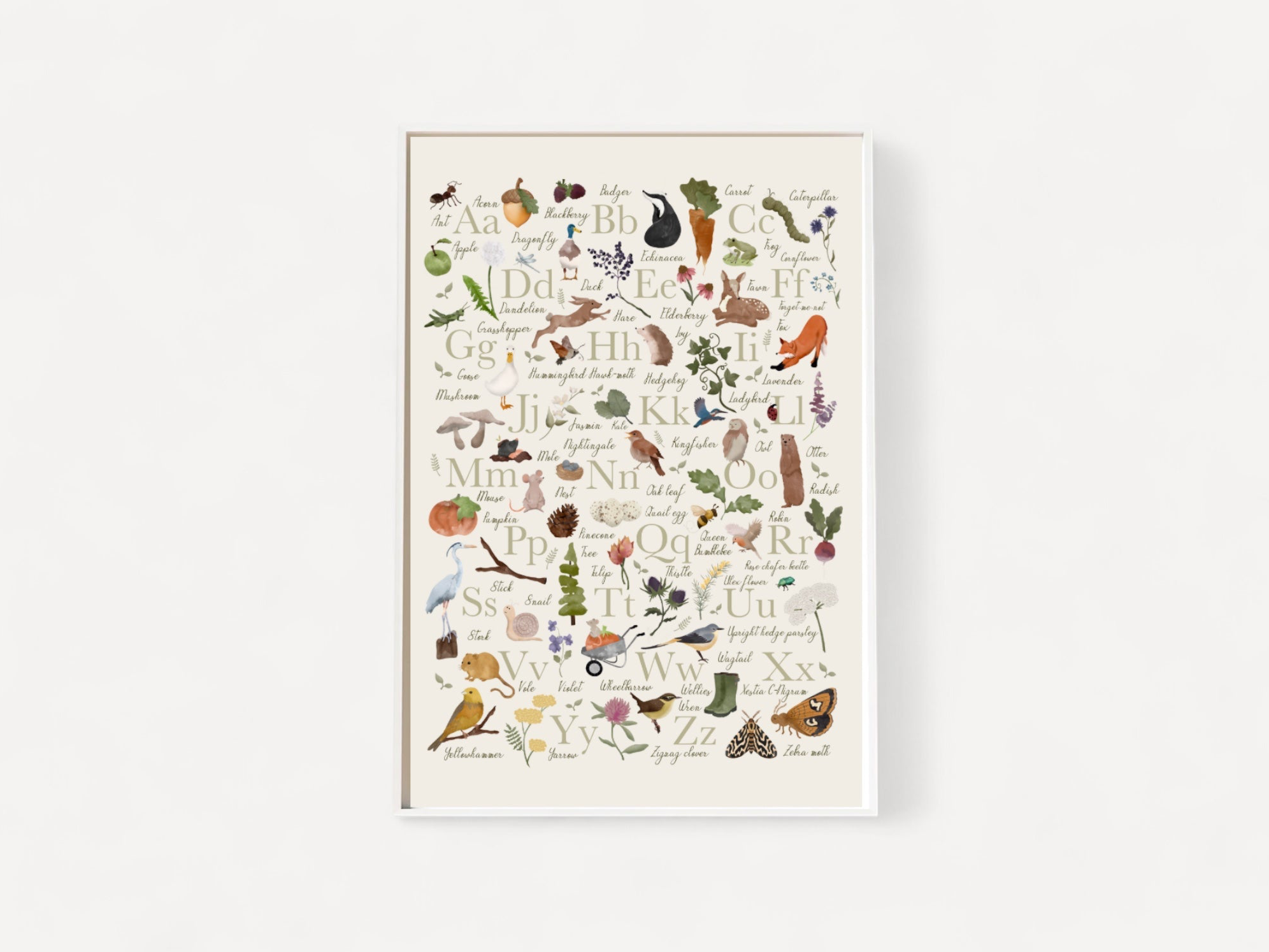 Framed artwork with nature-themed illustrations and text on a white background