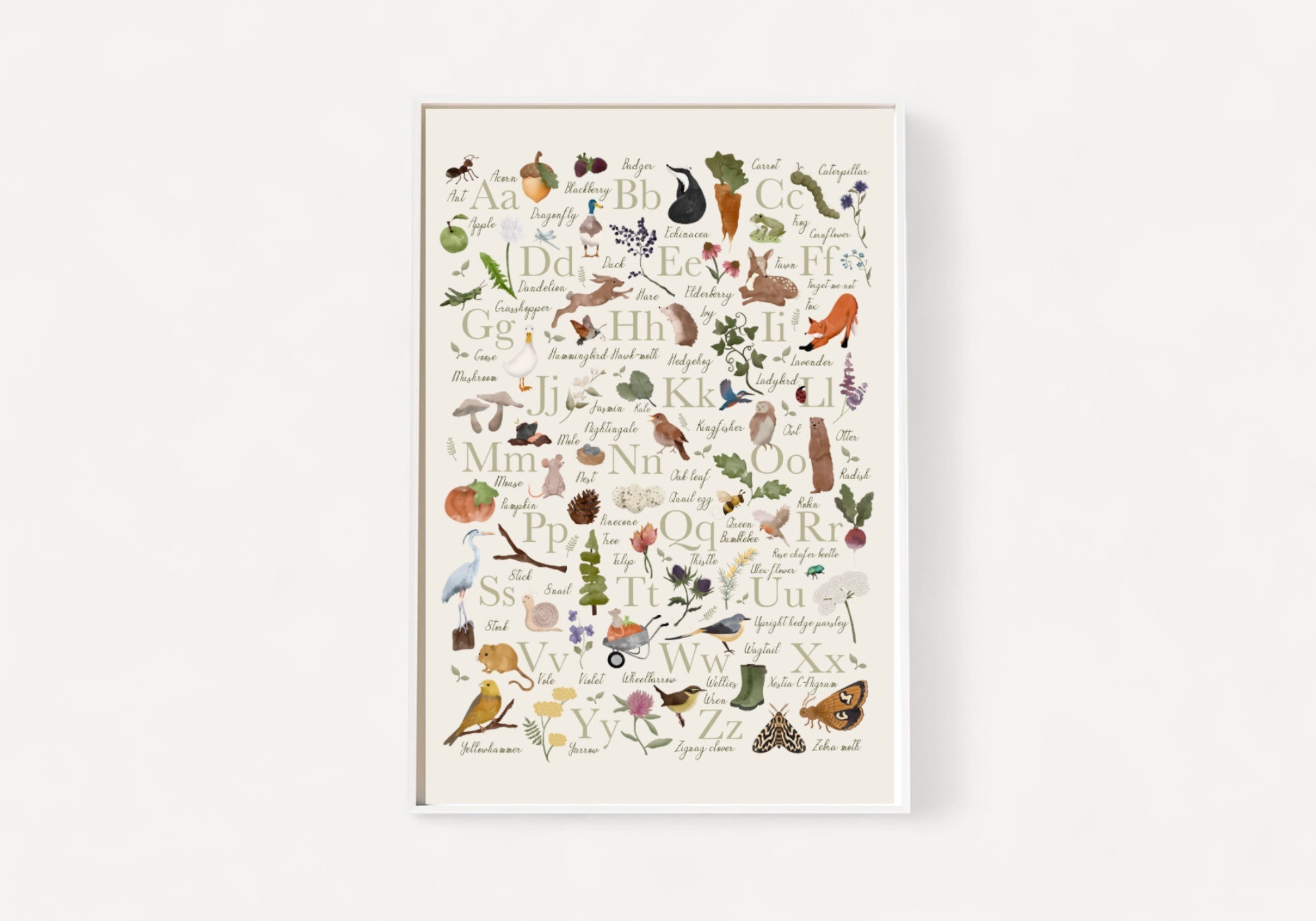 Framed artwork with nature-themed illustrations and text on a white background