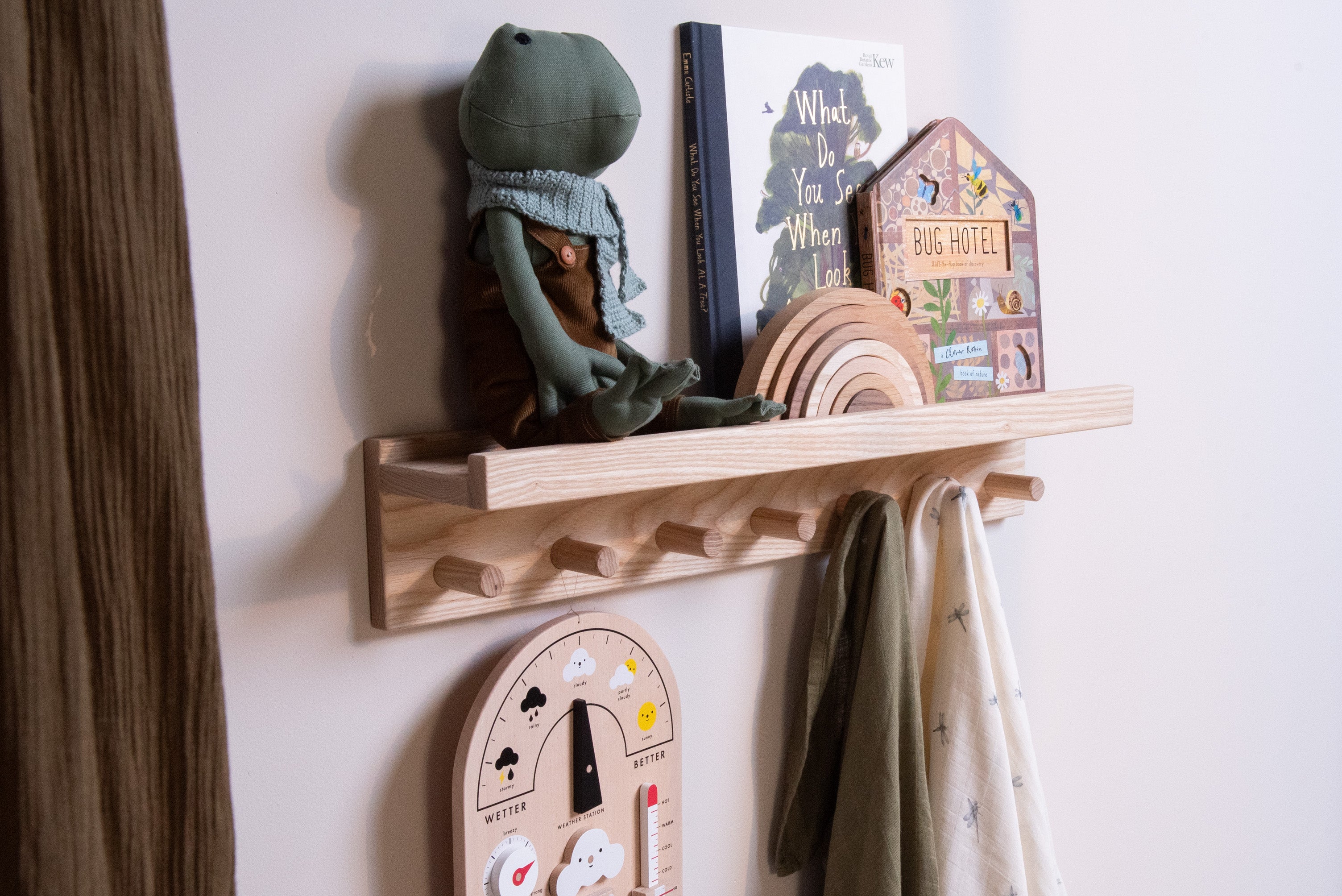 Signature Wall Shelf with Pegs - Solid Ash