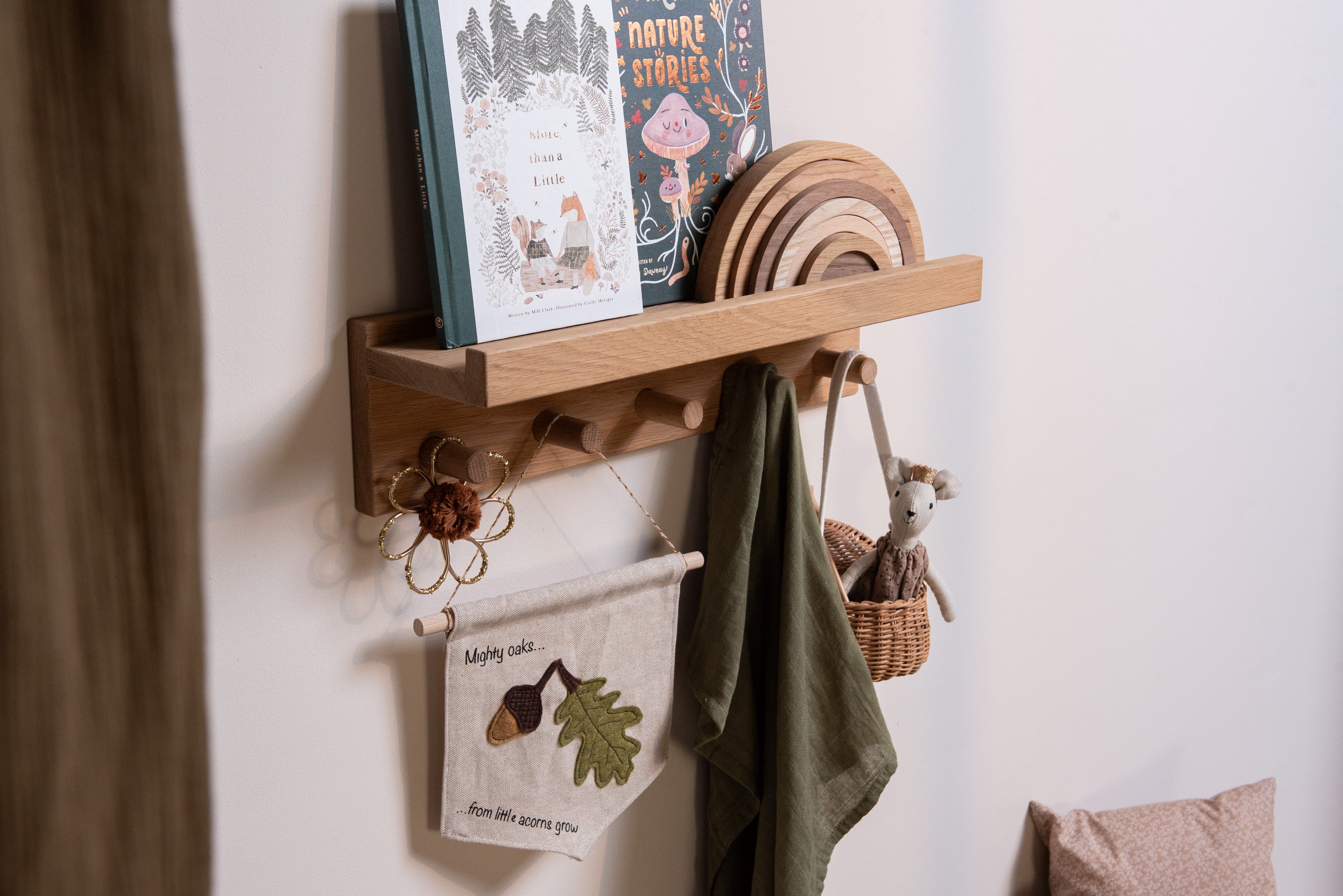 Signature Wall Shelf with Pegs - Solid Oak